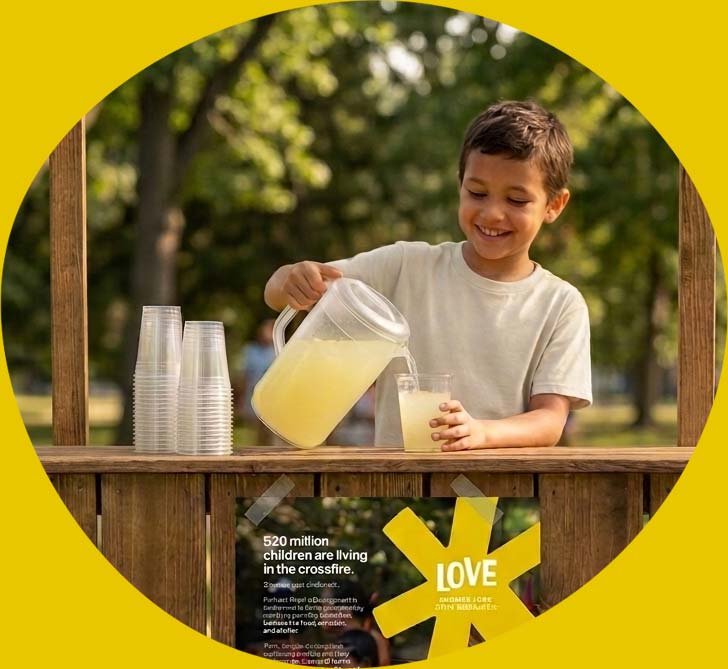 Image of a lemonade stand with flyer attached.